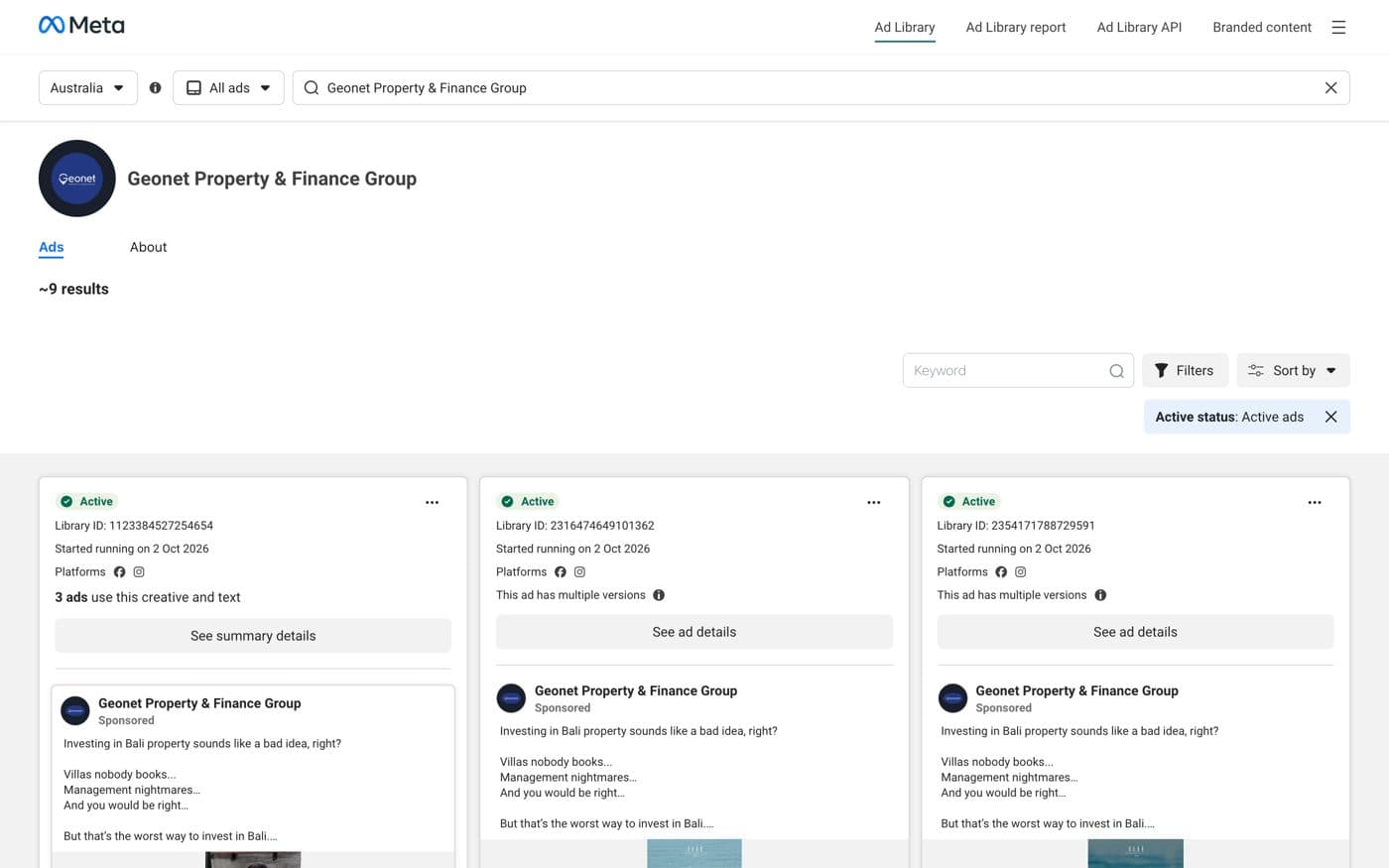 Geonet Property: ads live in the Meta Ad Library