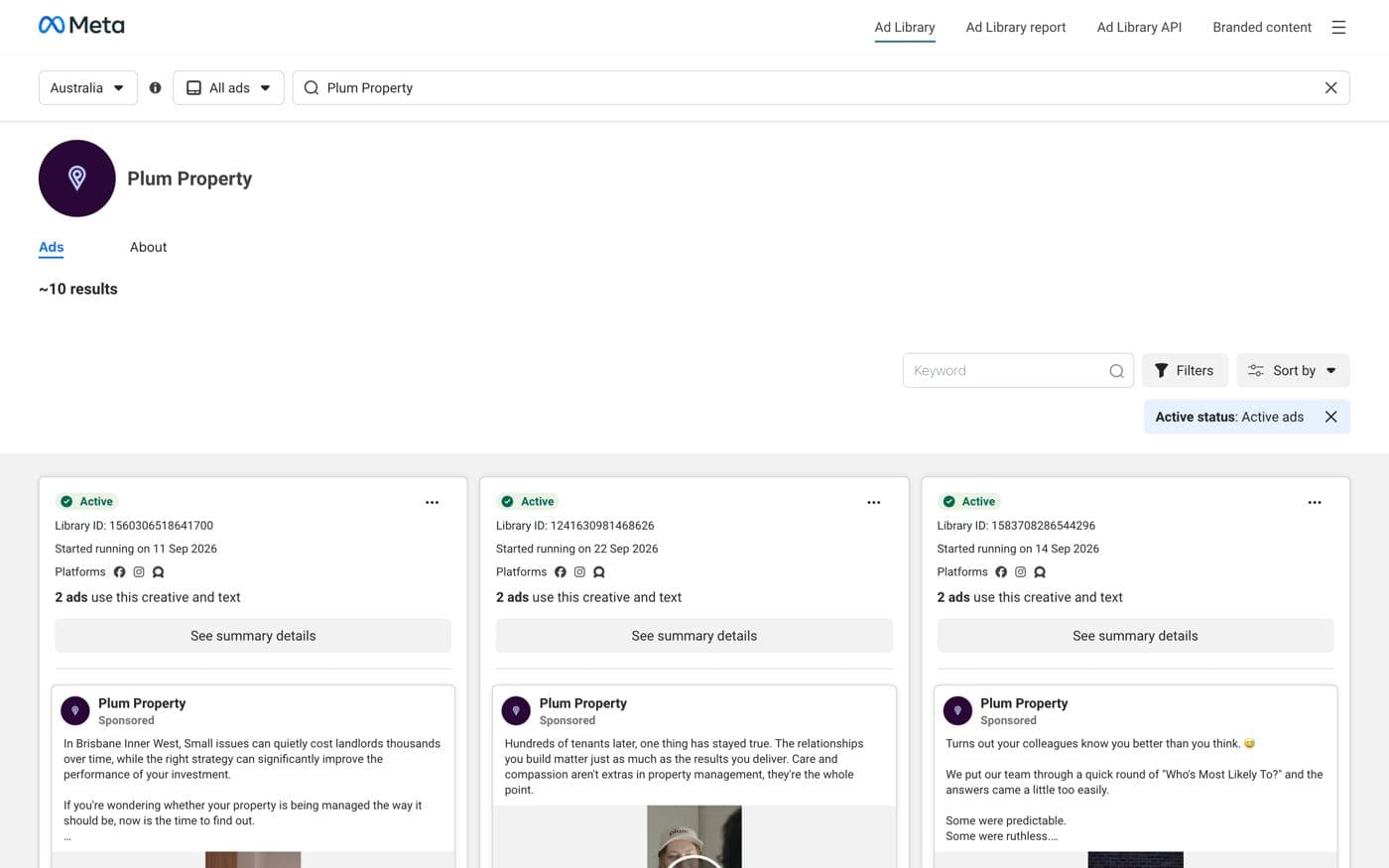 Plum Property: ads live in the Meta Ad Library