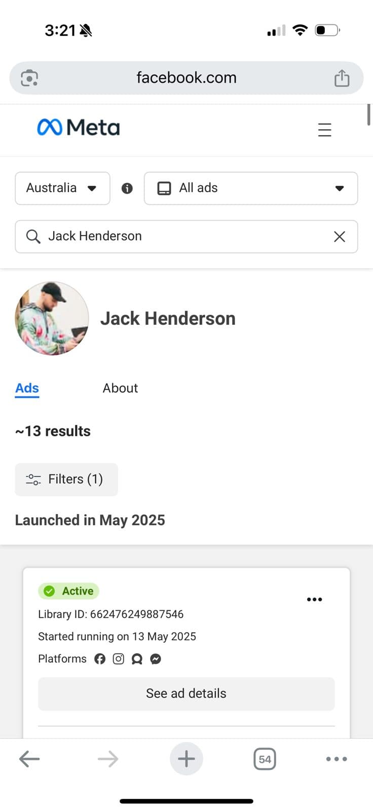 Jack Henderson's ads active in the Meta Ad Library