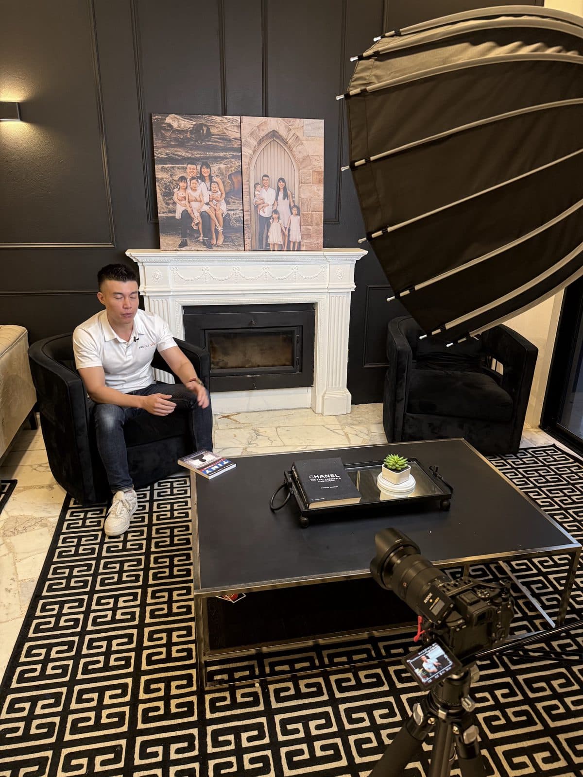 A founder interview set up in a luxury home