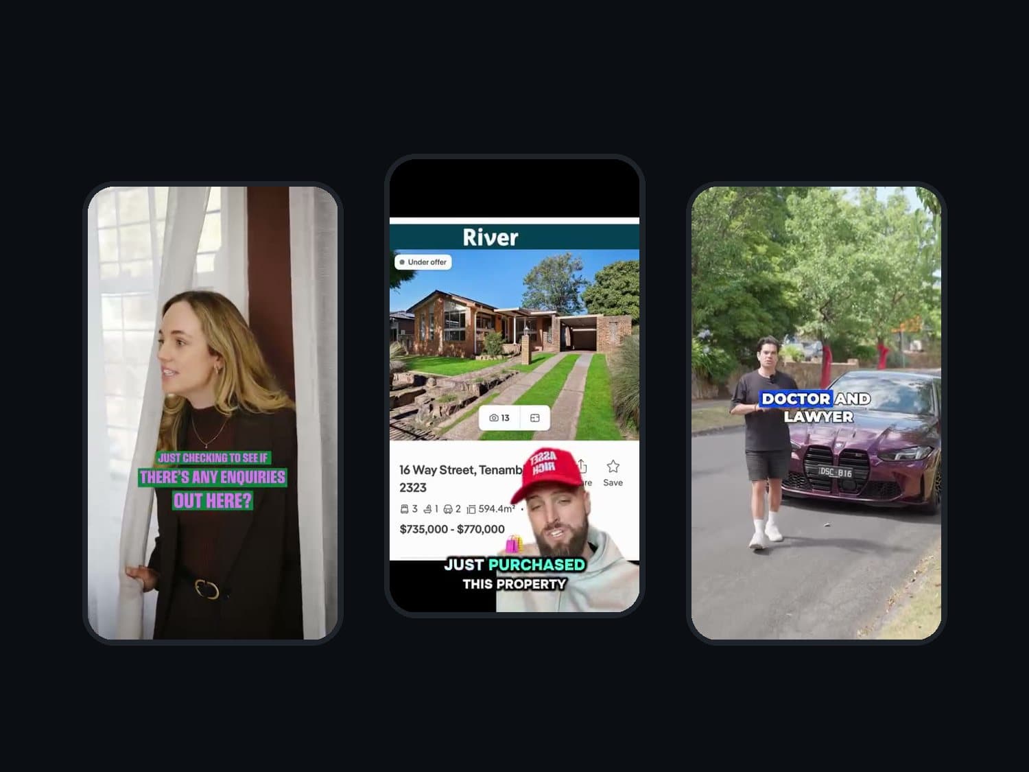 Three finished client ads with captions
